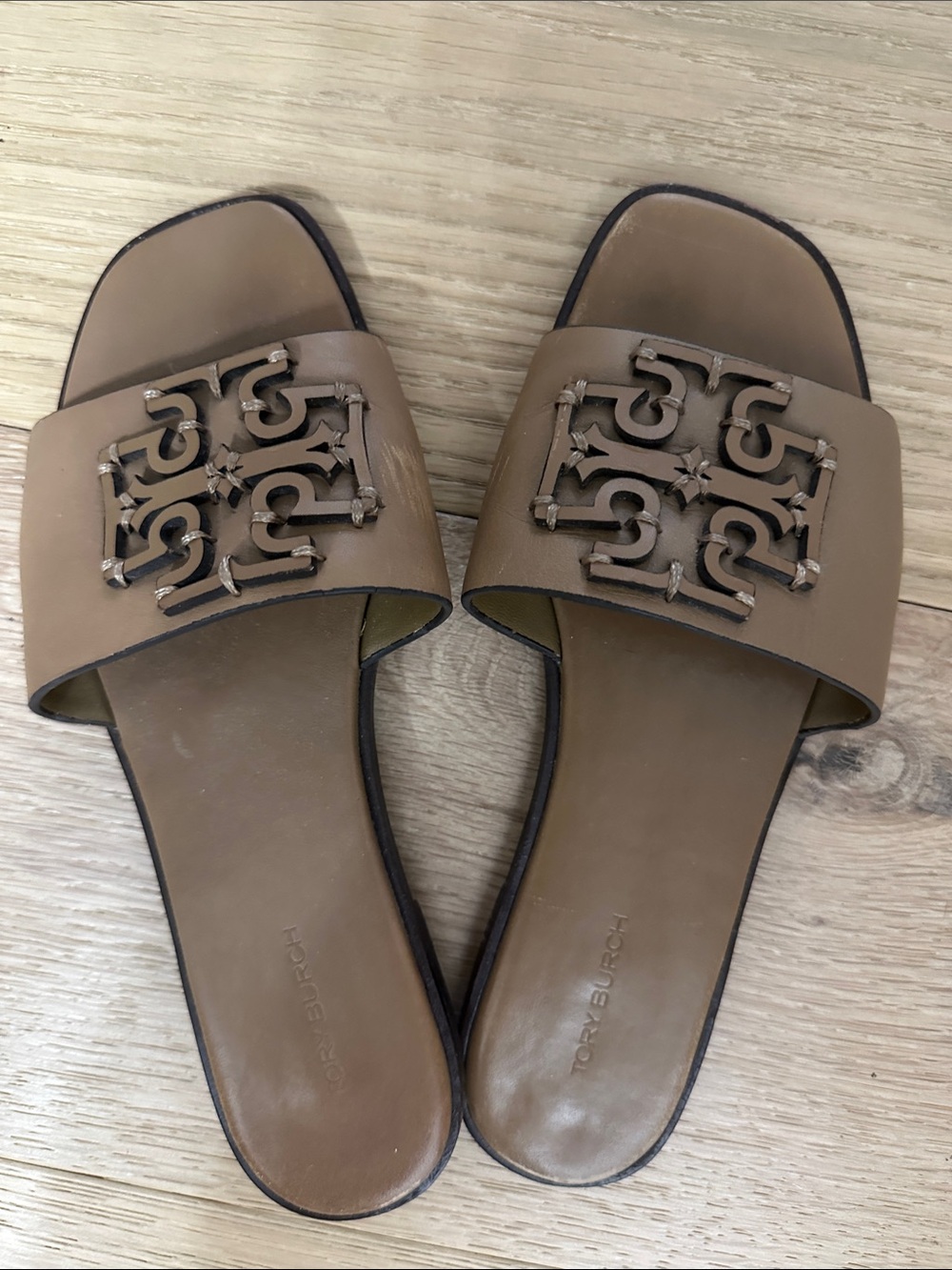 Tory Burch Brown Logo Slide Sandals